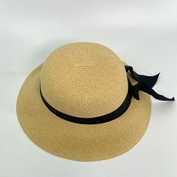 Furtalk Wide Ribbon Straw Beach Sun Hat tan khaki beige with black size medium - Picture 7 of 11
